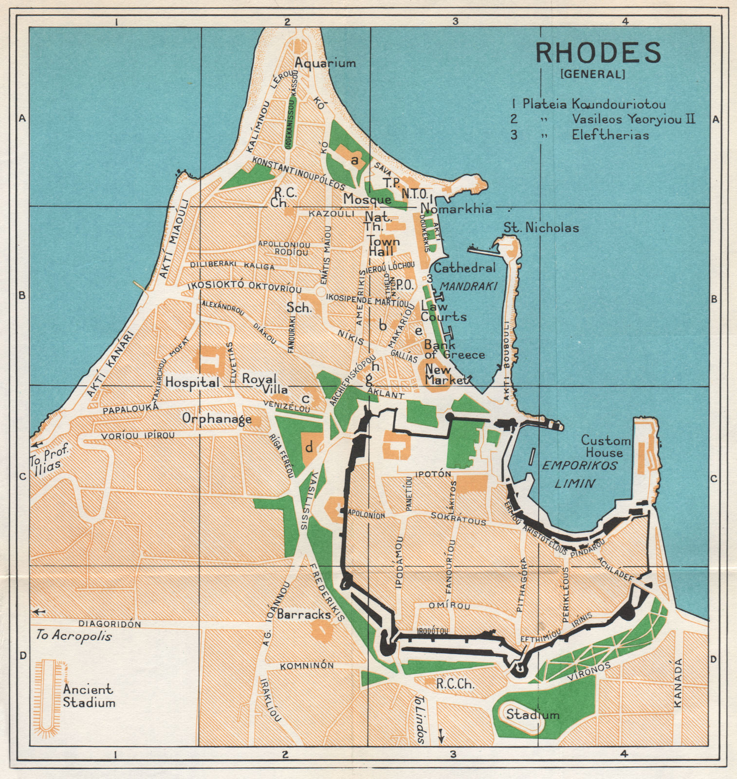 RHODES vintage town city map plan. Dodecanese. Greece 1967 old vintage