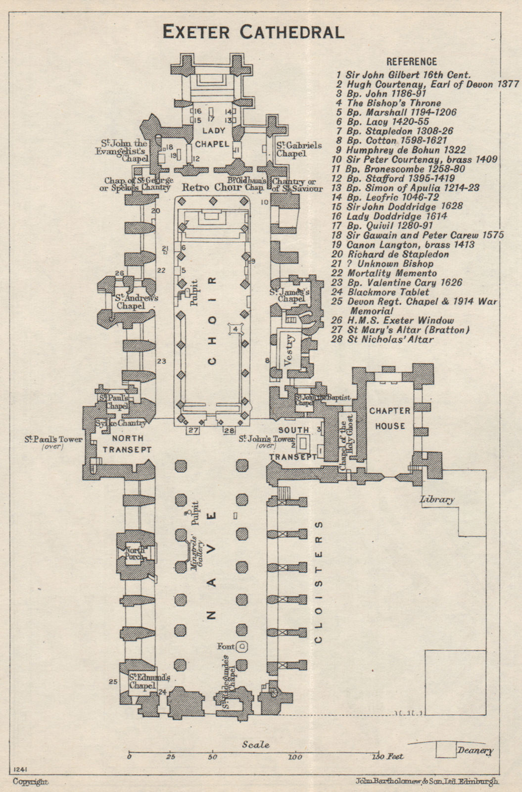 Exeter cathedral floor plan. Devon 1957 old vintage map chart