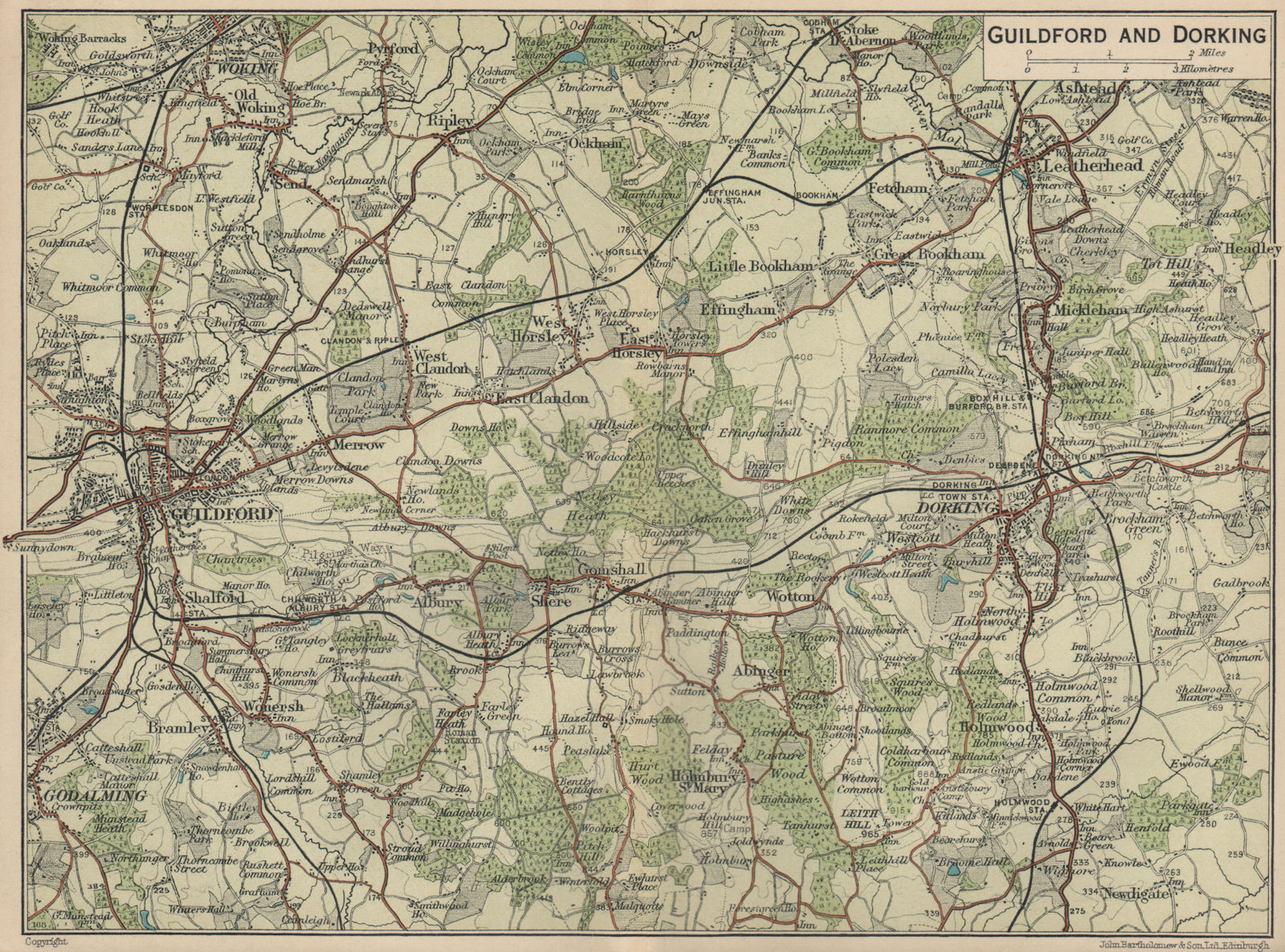 Associate Product GUILDFORD, DORKING & LEATHERHEAD. Surrey Hills. Godalming Woking 1939 old map
