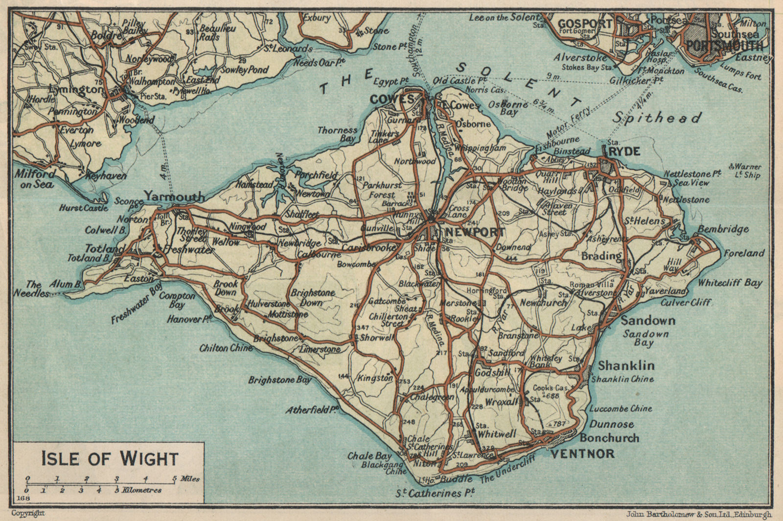 ISLE OF WIGHT vintage map. Shows (now disused) railways. Ferry routes 1939