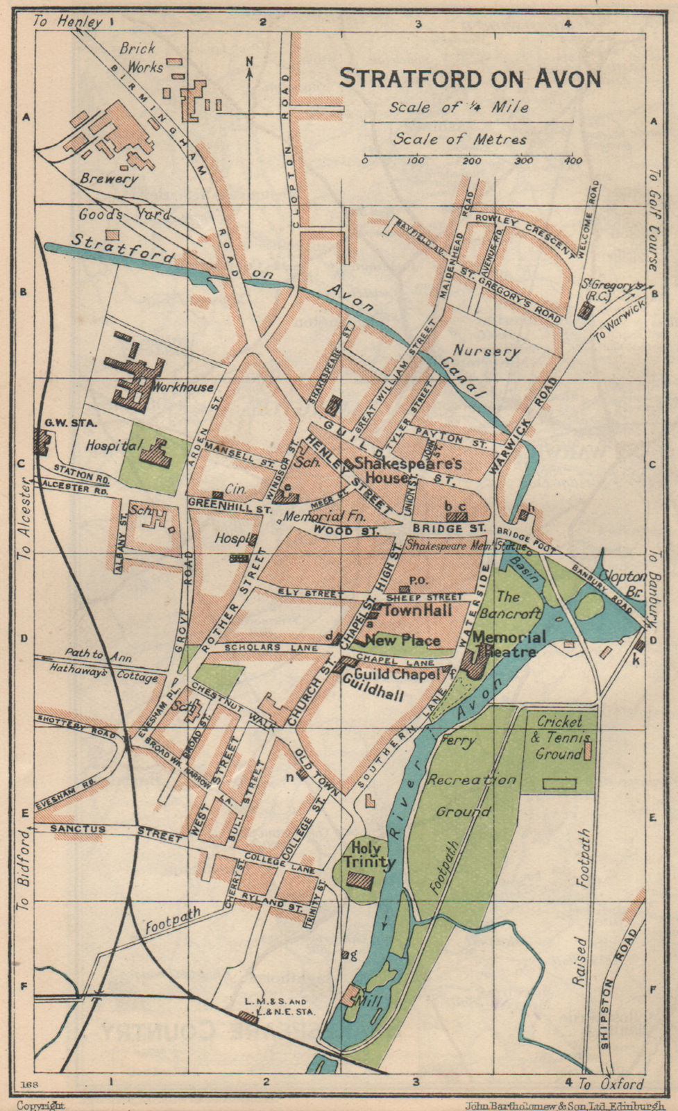 STRATFORD ON AVON. Vintage town city map plan. Warwickshire 1939 old