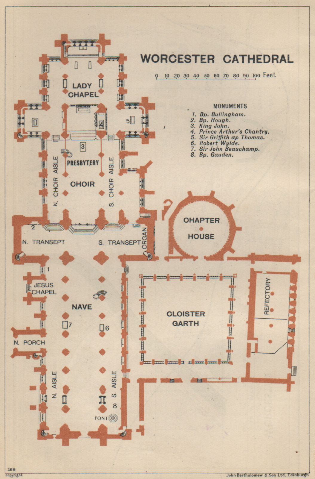 WORCESTER cathedral vintage floor plan. Worcestershire 1939 old vintage map