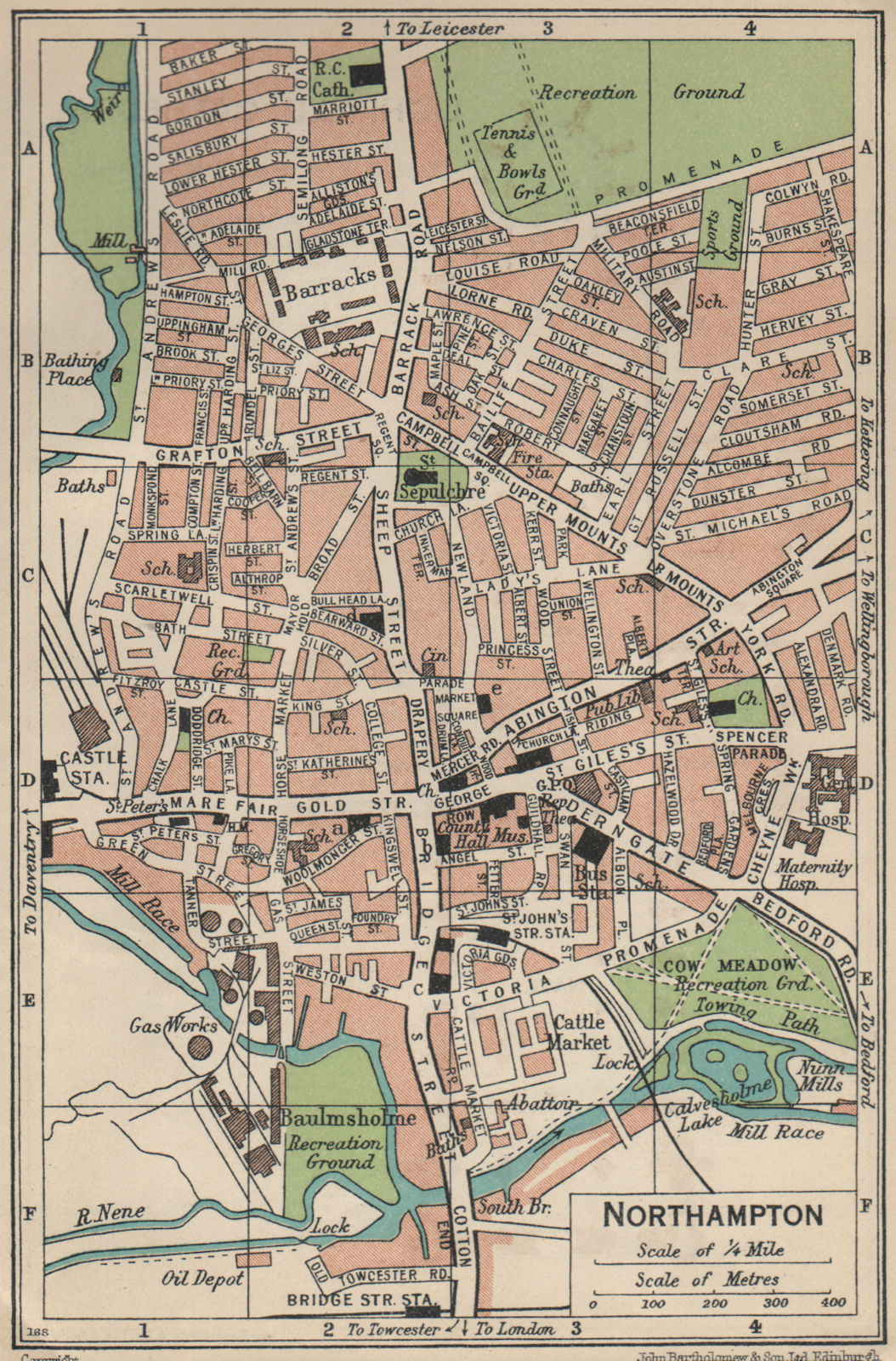 NORTHAMPTON. Vintage town city map plan. Northamptonshire 1939 old vintage