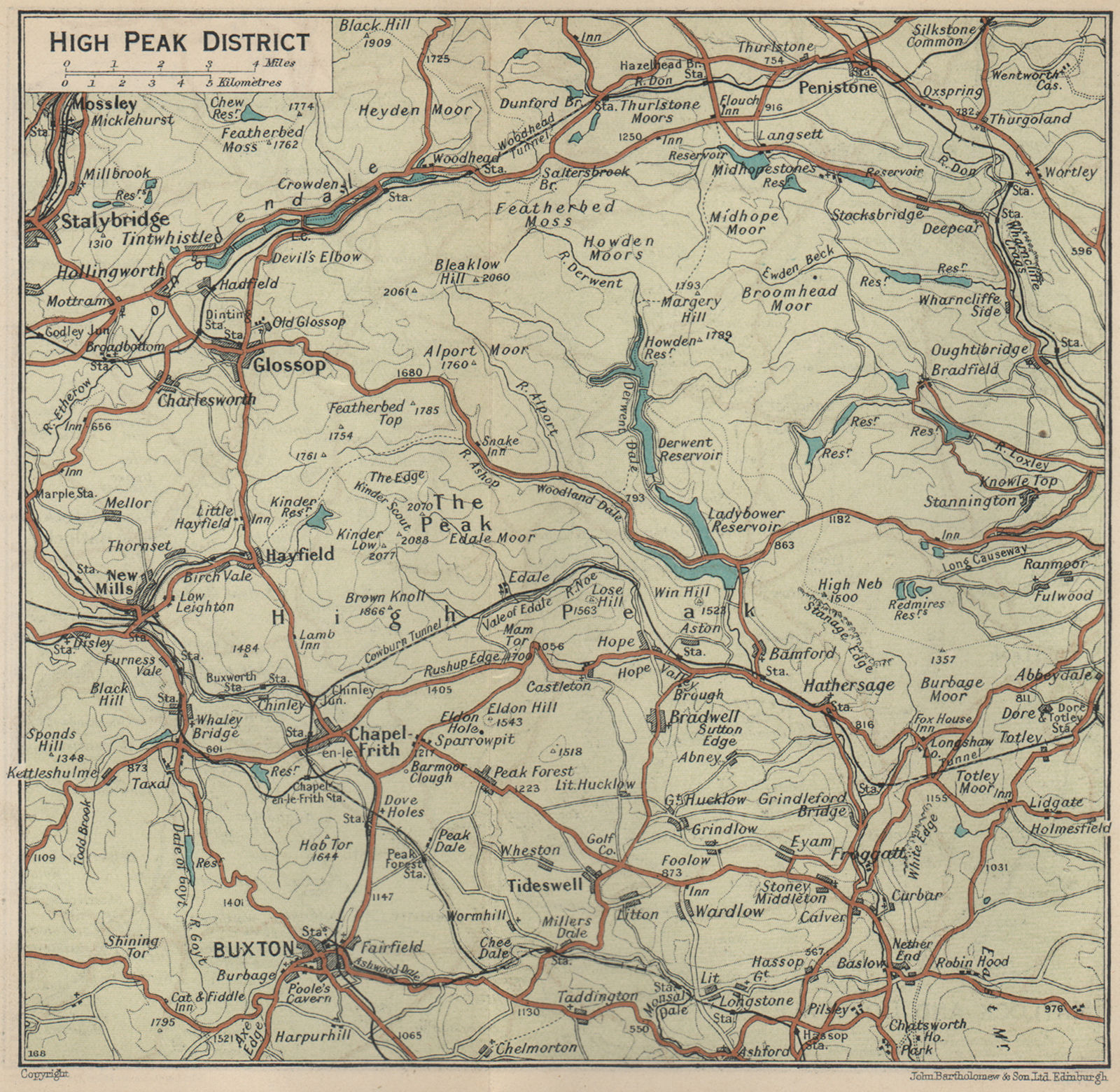HIGH PEAK DISTRICT Buxton Glossop Hathersage. Derbyshire 1939 old vintage map