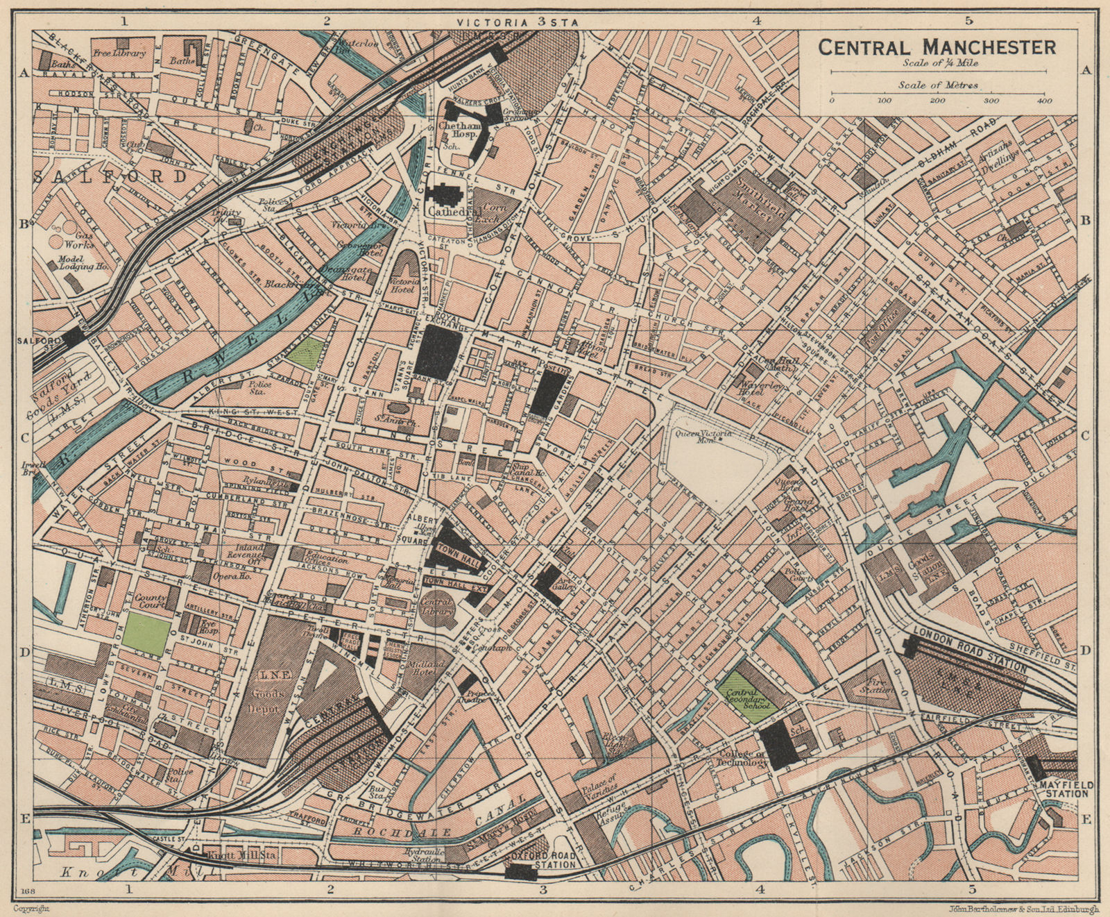 CENTRAL MANCHESTER. Vintage town city map plan. Lancashire 1939 old