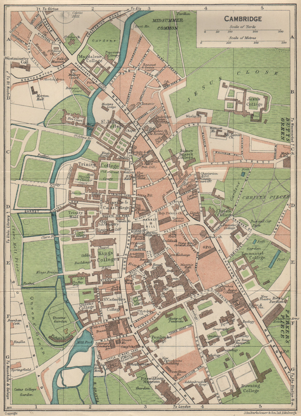CAMBRIDGE. Vintage town city map plan. Cambridgeshire. Colleges 1939 old