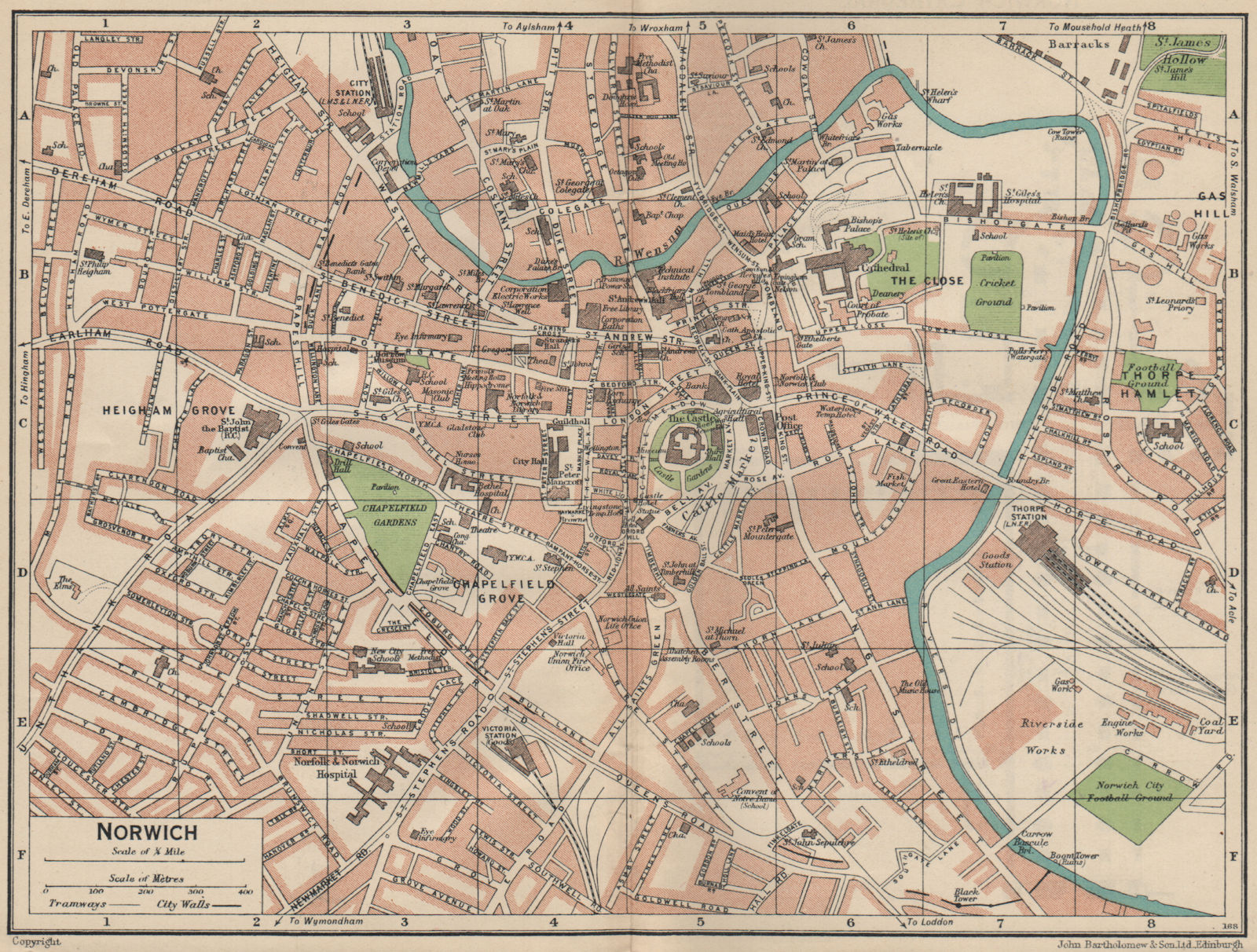 NORWICH. Vintage town city map plan. Norfolk 1939 old vintage chart