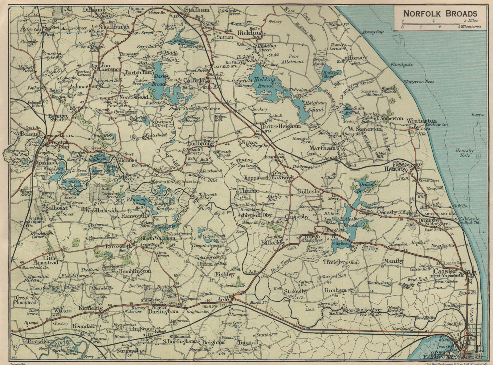 NORFOLK BROADS. Great Yarmouth. Caister Winterton Wroxham 1939 old vintage map