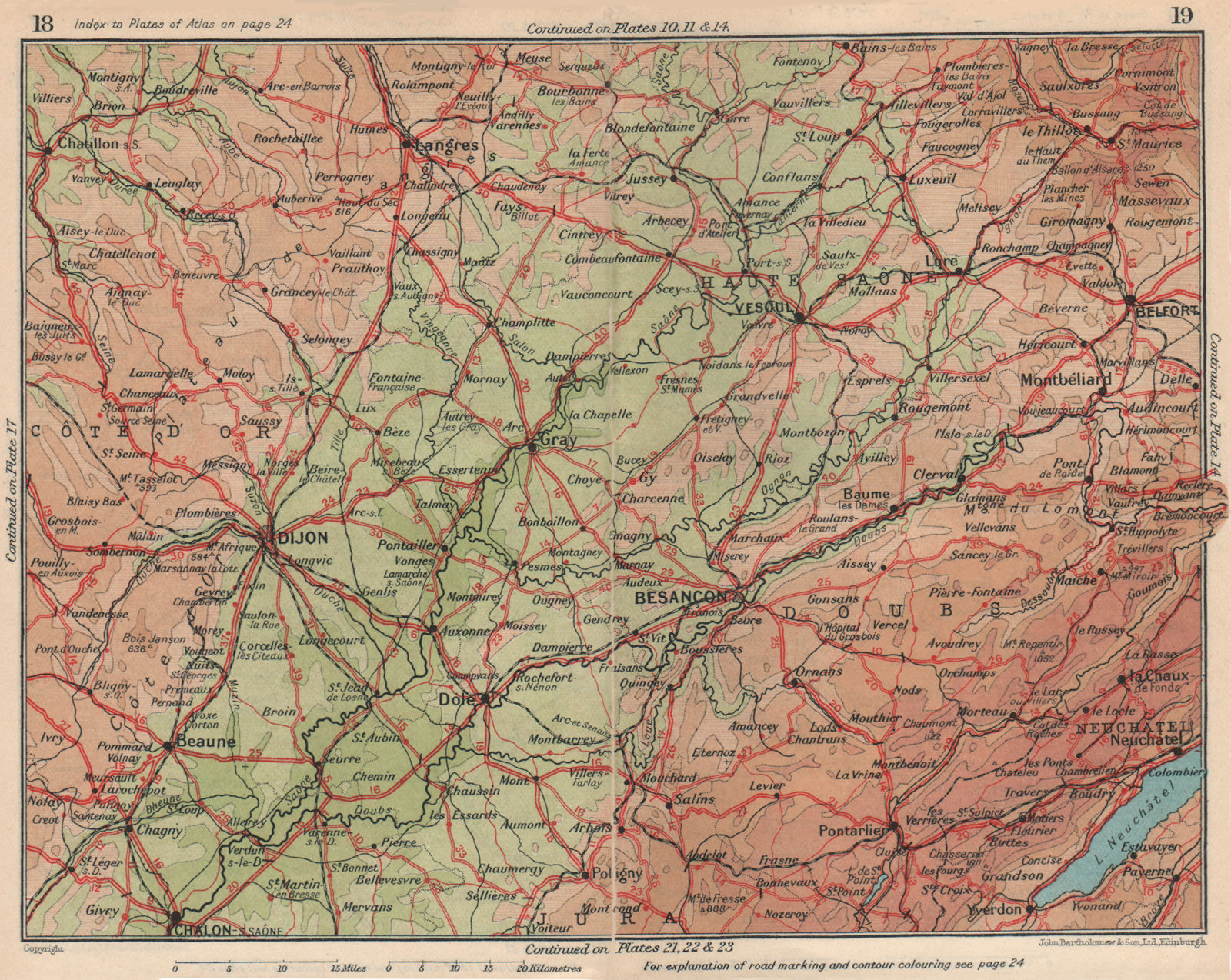 Associate Product CÔTE D'OR HAUTE-SAÔNE DOUBS JURA Dijon Besancon Belfort Neuchatel 1930 old map