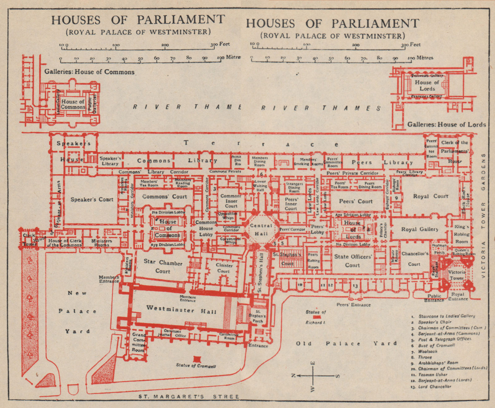 HOUSES OF PARLIAMENT. PALACE OF WESTMINSTER. Vintage floor plan. London 1951 map