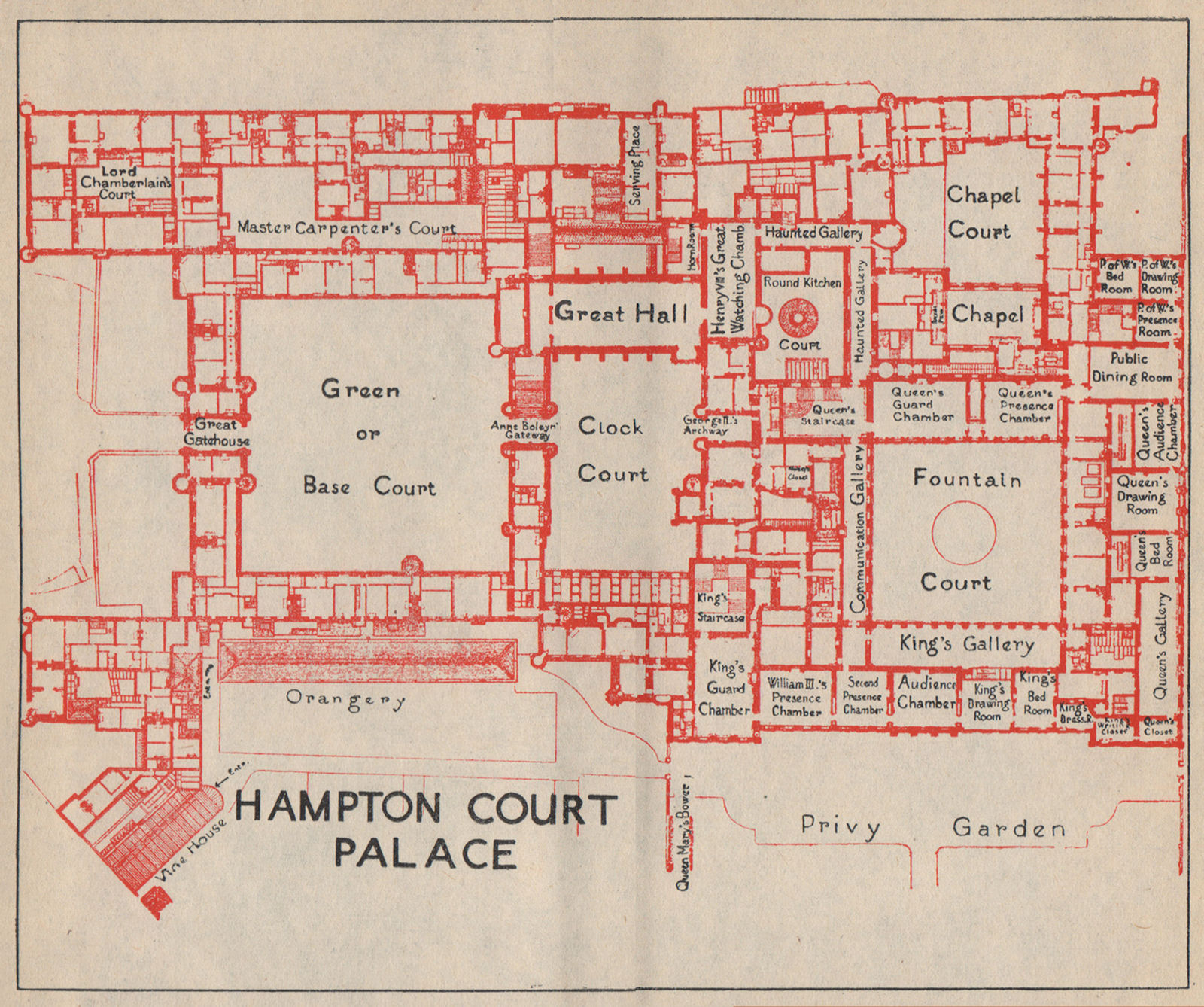 HAMPTON COURT PALACE. Vintage ground plan. London 1951 old vintage map chart