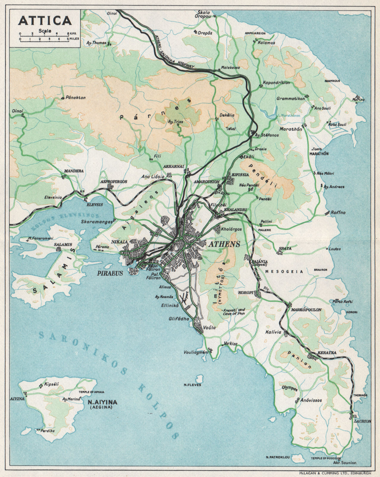 ATTICA vintage map. Piraeus Aegina Salamis. Greece 1962 old vintage chart