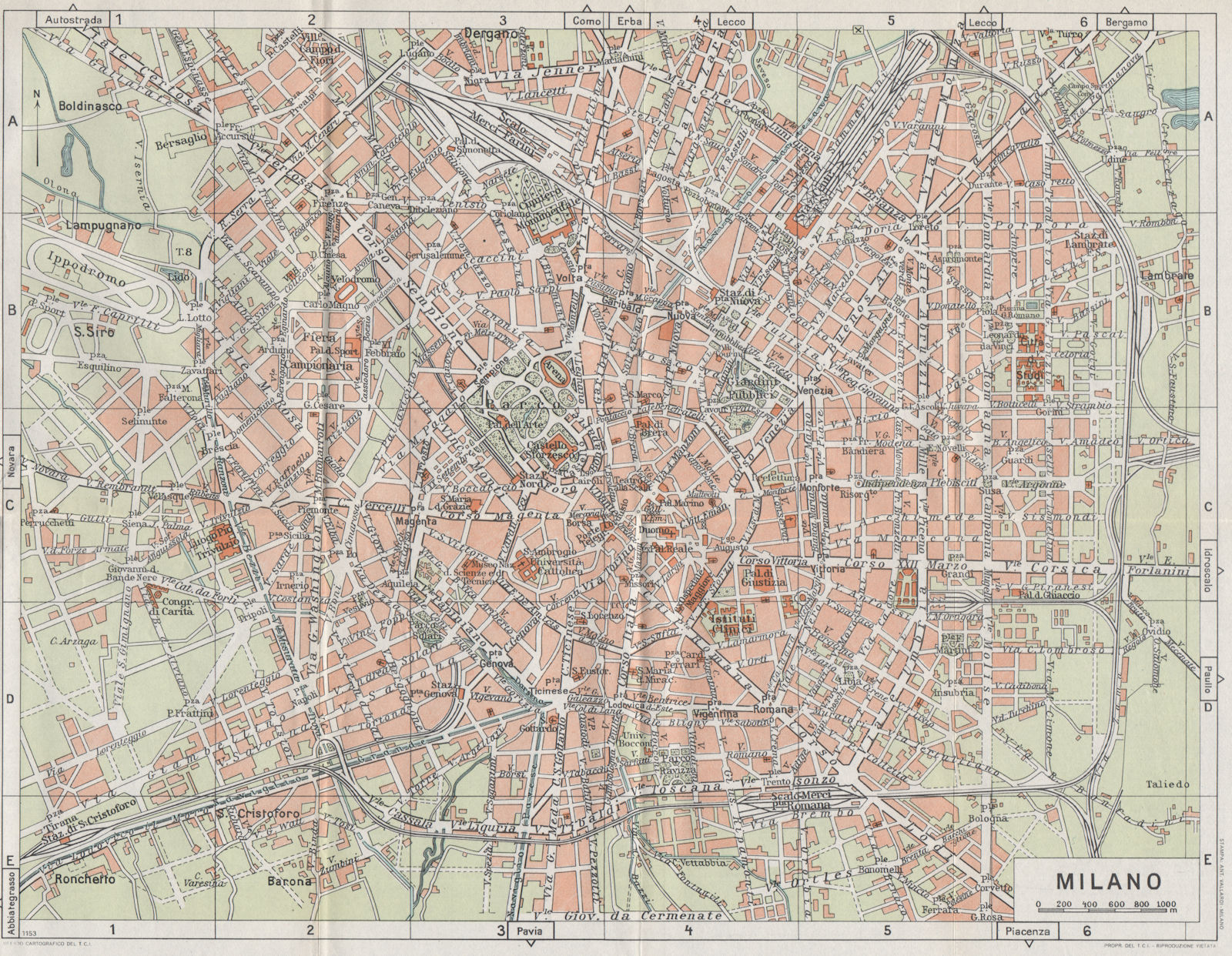 MILAN MILANO vintage town city map plan pianta della città. Italy 1958 old