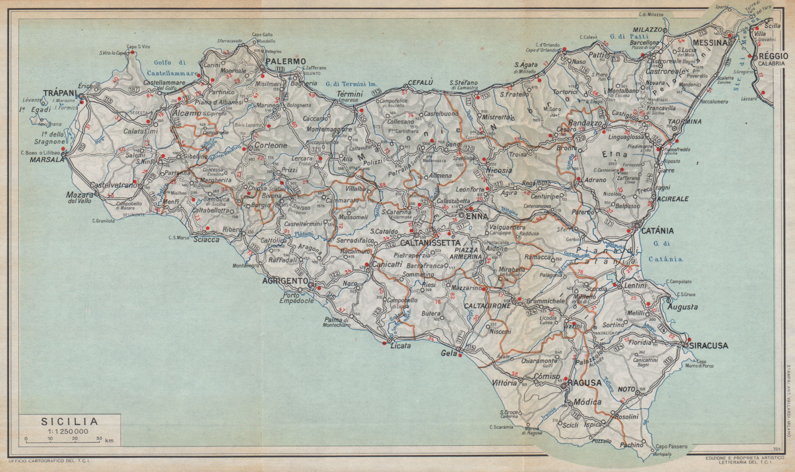 SICILIA Sicily vintage map. Roads railways. Italy 1958 old vintage chart