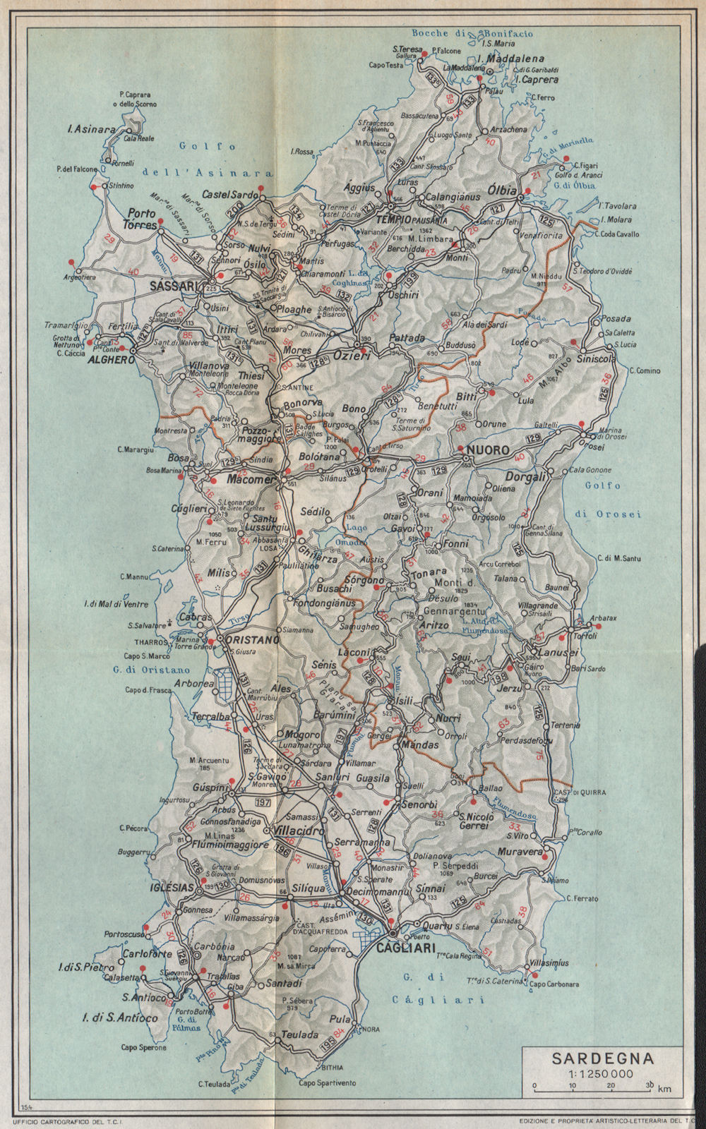 SARDEGNA Sardinia vintage map. Roads railways. Italy 1958 old vintage