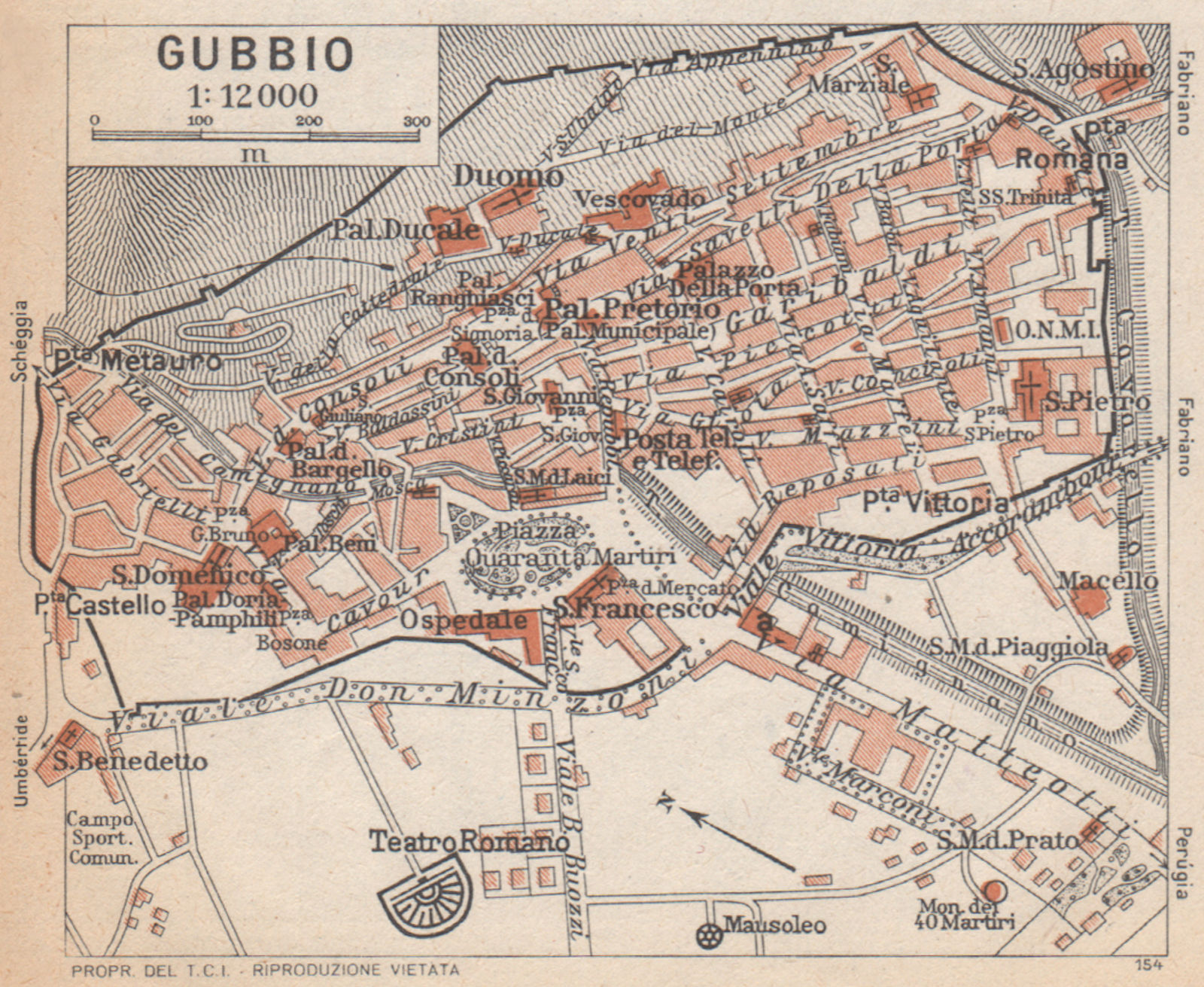 GUBBIO vintage town city pianta della città. Italy 1958 old vintage map chart