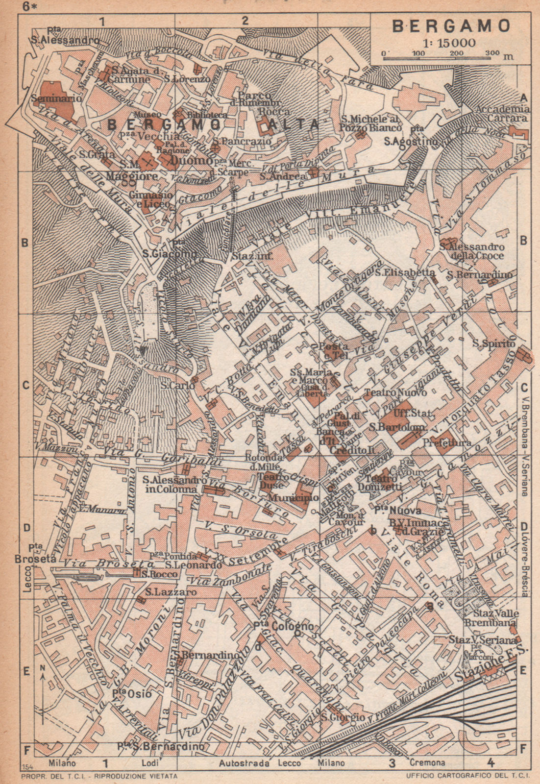 BERGAMO vintage town city map plan pianta della città. Italy 1958 old