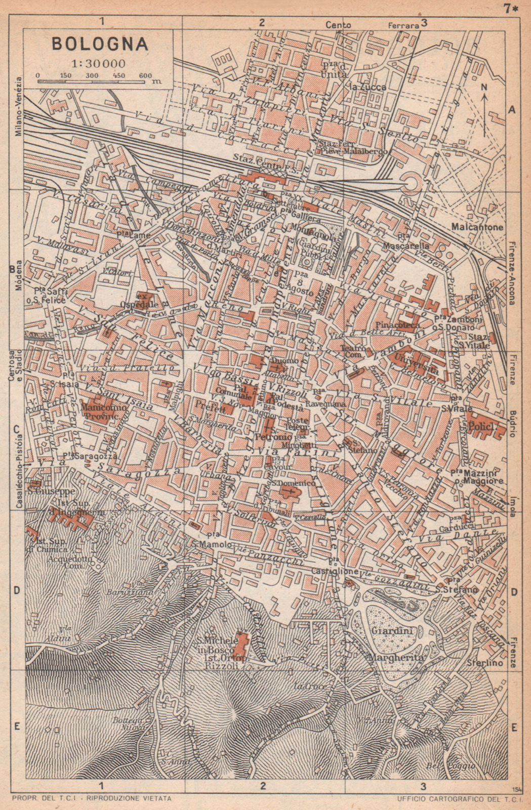 BOLOGNA vintage town city map plan pianta della città. Italy 1958 old