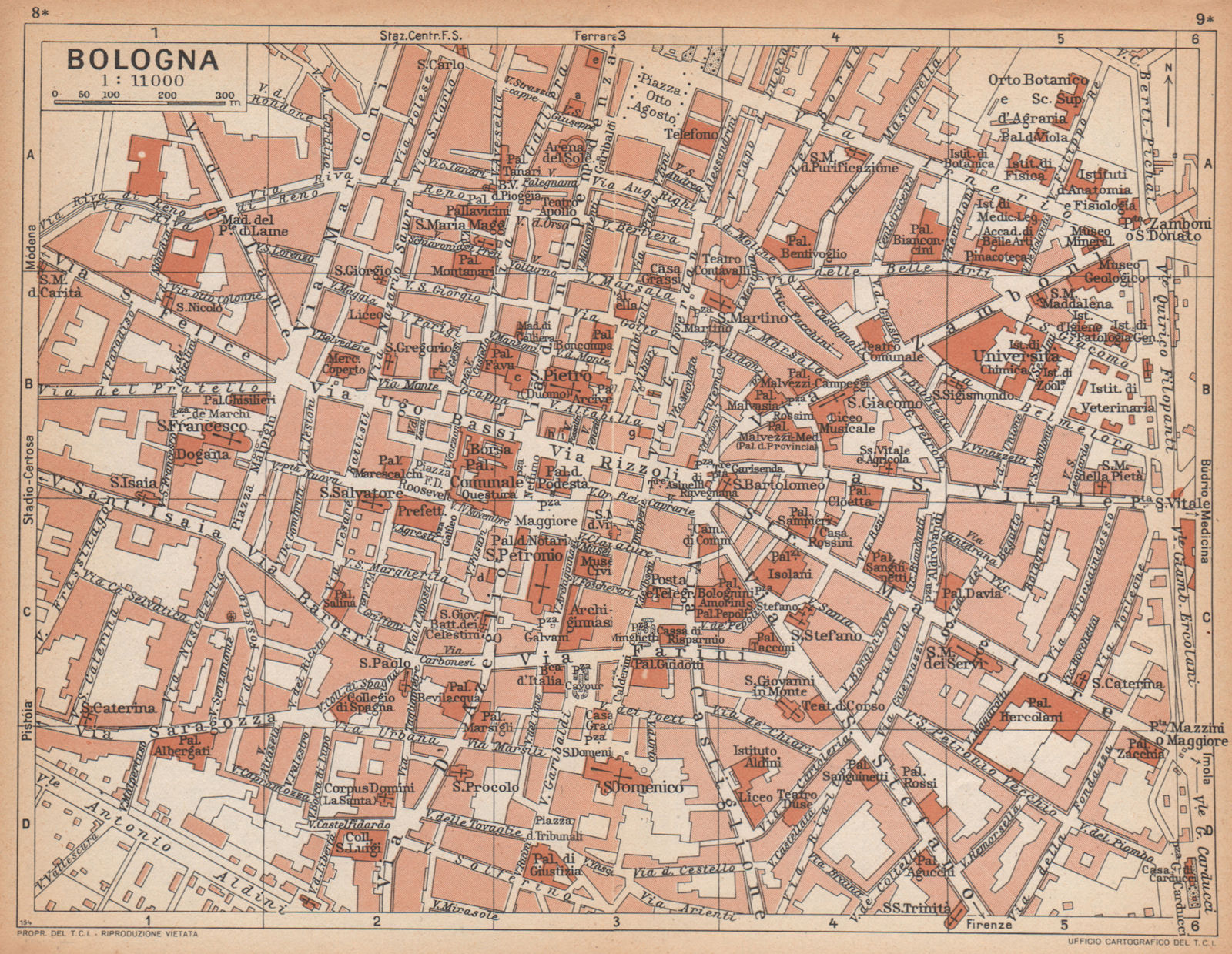 BOLOGNA vintage town city centre map plan pianta della città. Italy 1958