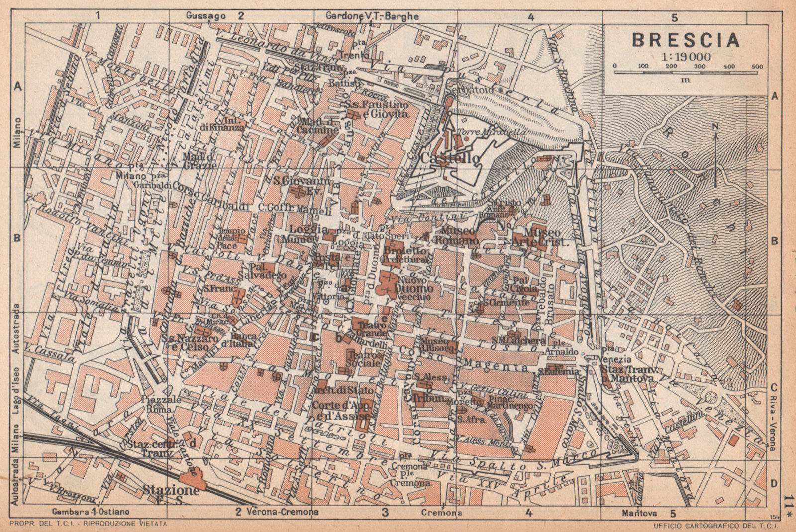 BRESCIA vintage town city map plan pianta della città. Italy 1958 old