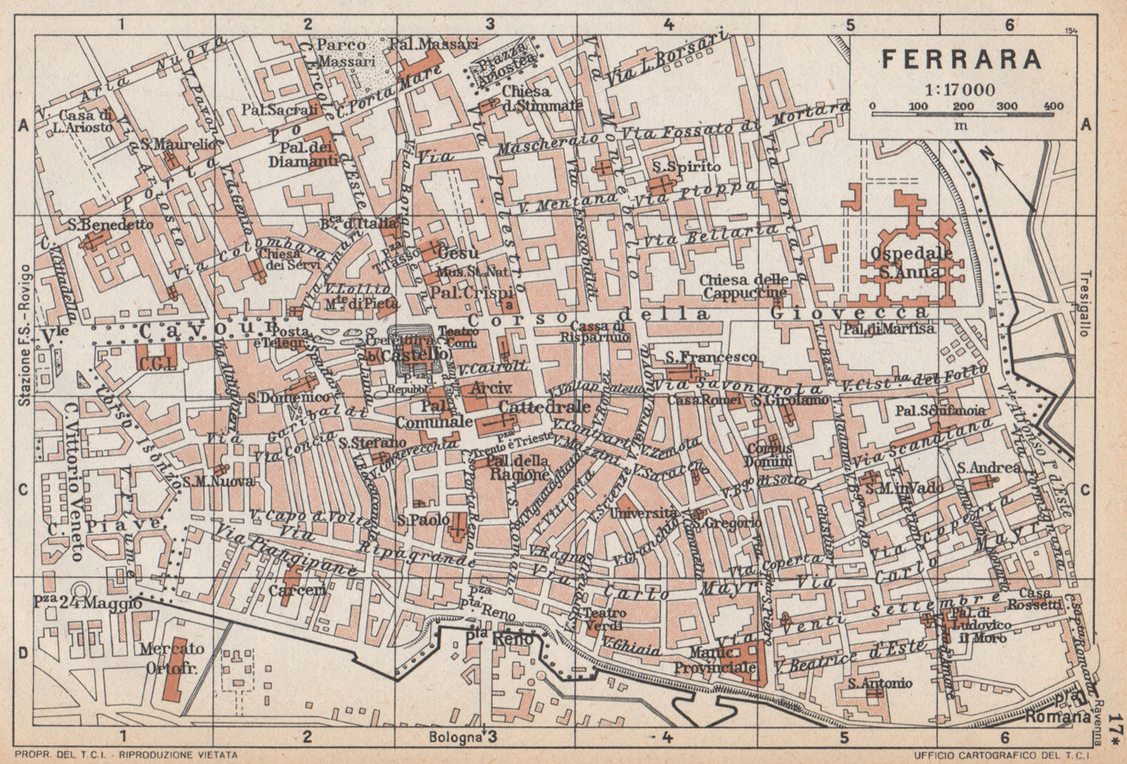 FERRARA vintage town city map plan pianta della città. Italy 1958 old