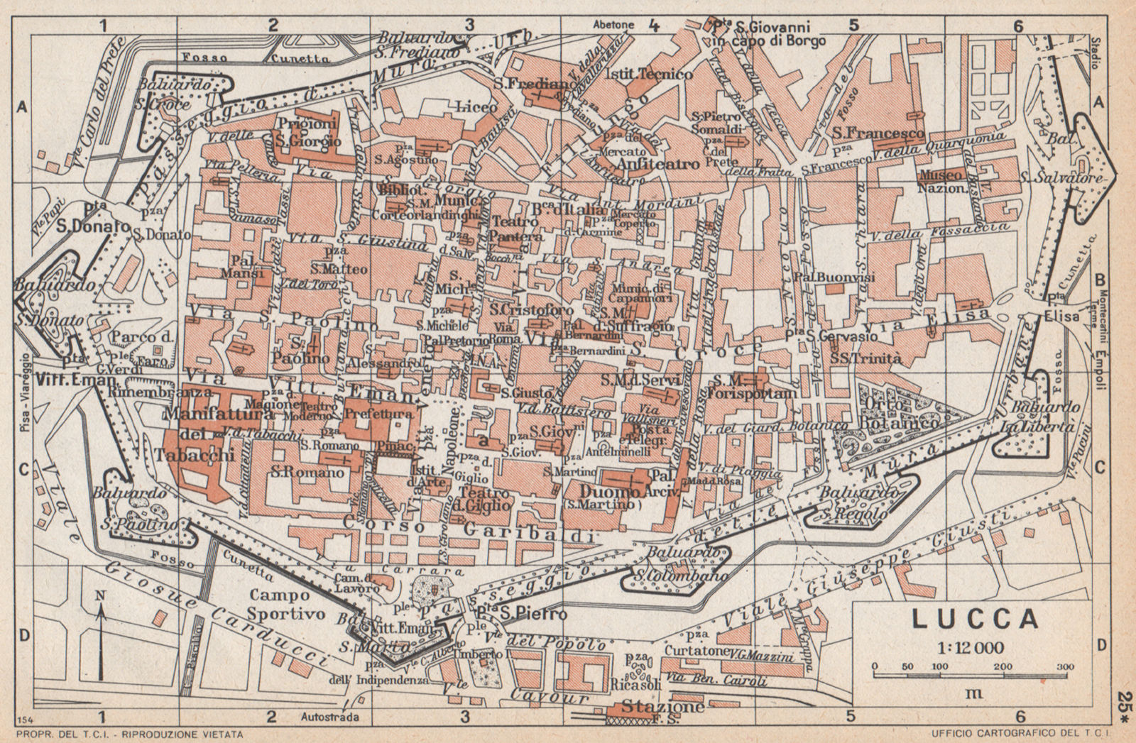 LUCCA vintage town city map plan pianta della città. Italy 1958 old