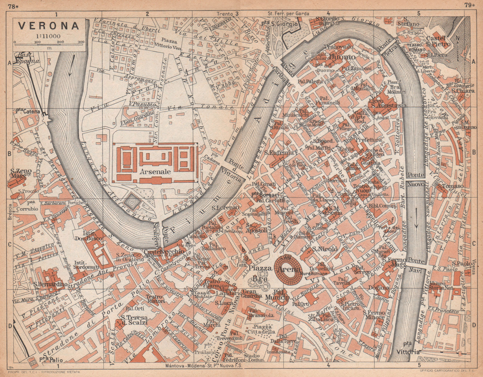 VERONA vintage town city centre map plan pianta della città. Italy 1958