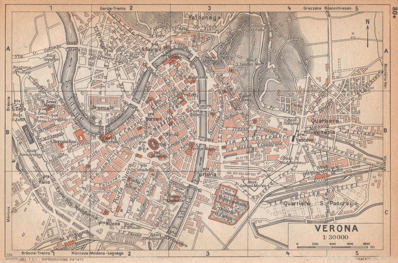 VERONA vintage town city map plan pianta della città. Italy 1958 old