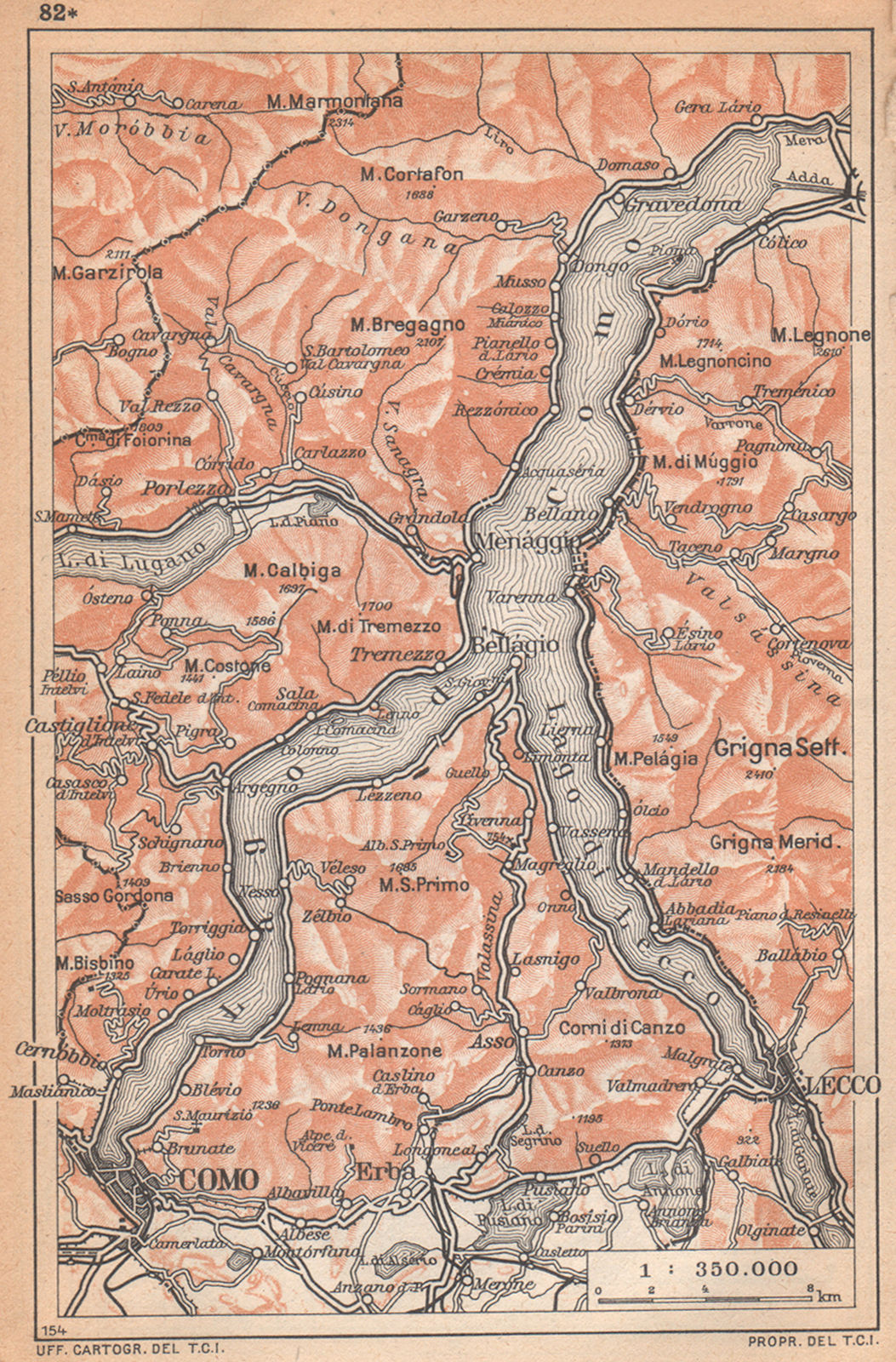 LAKE LAGO DI COMO vintage map plan. Lecco. Italy 1958 old vintage chart