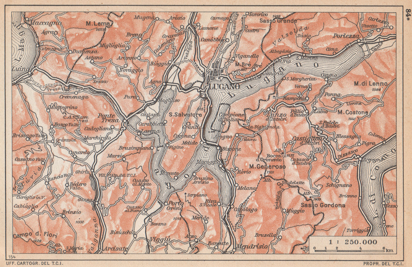 LAKE LAGO DI LUGANO vintage map plan. Switzerland Italy 1958 old vintage