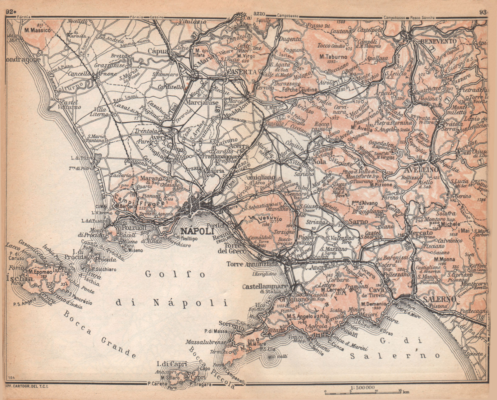 NAPOLI NAPLES and environs. Ischia Capri Sorrento Salerno 1958 old vintage map
