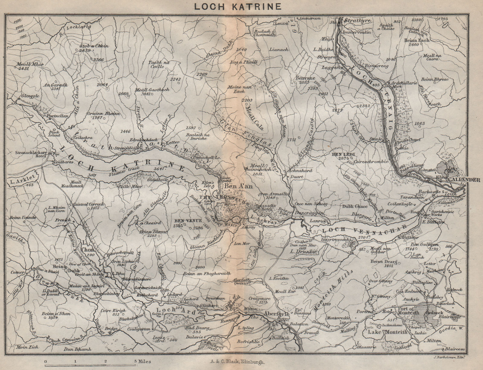 Loch Katrine. Loch Vennachar. Callander. Scotland 1886 old antique map chart