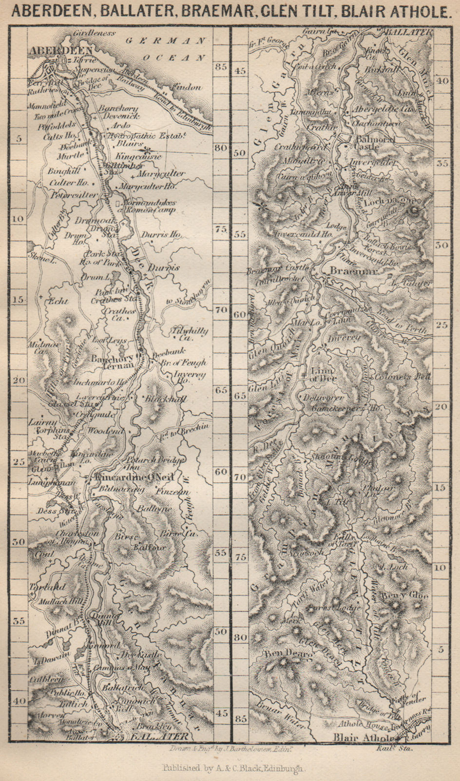 ABERDEEN, Ballater, Braemar, Tilt, Blair Athole. Scotland 1886 old antique map