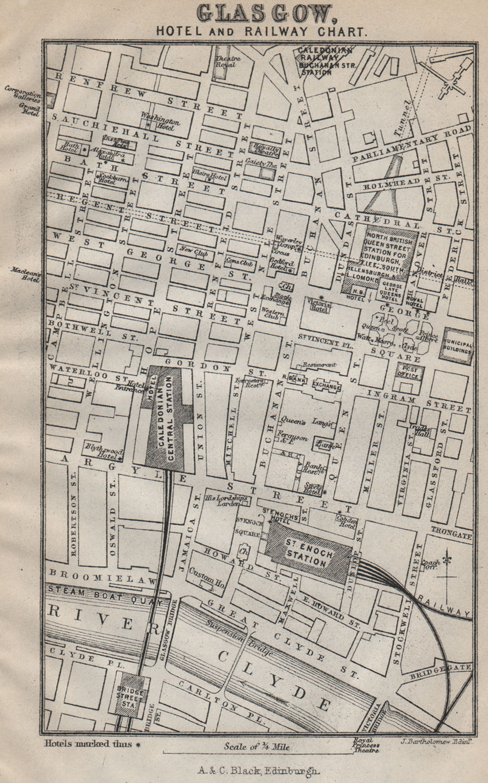 GLASGOW Hotel and Railway Chart. Caledonian central & St Enoch stations 1886 map