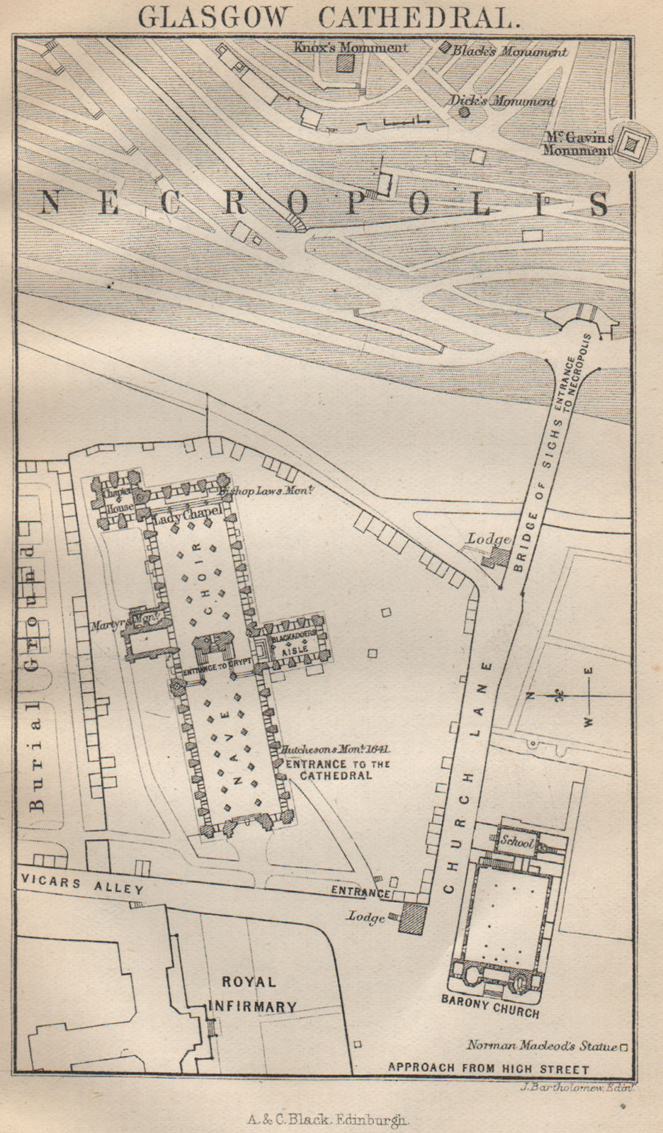 Glasgow cathedral ground plan. Barony Church. Necropolis. Scotland 1886 map