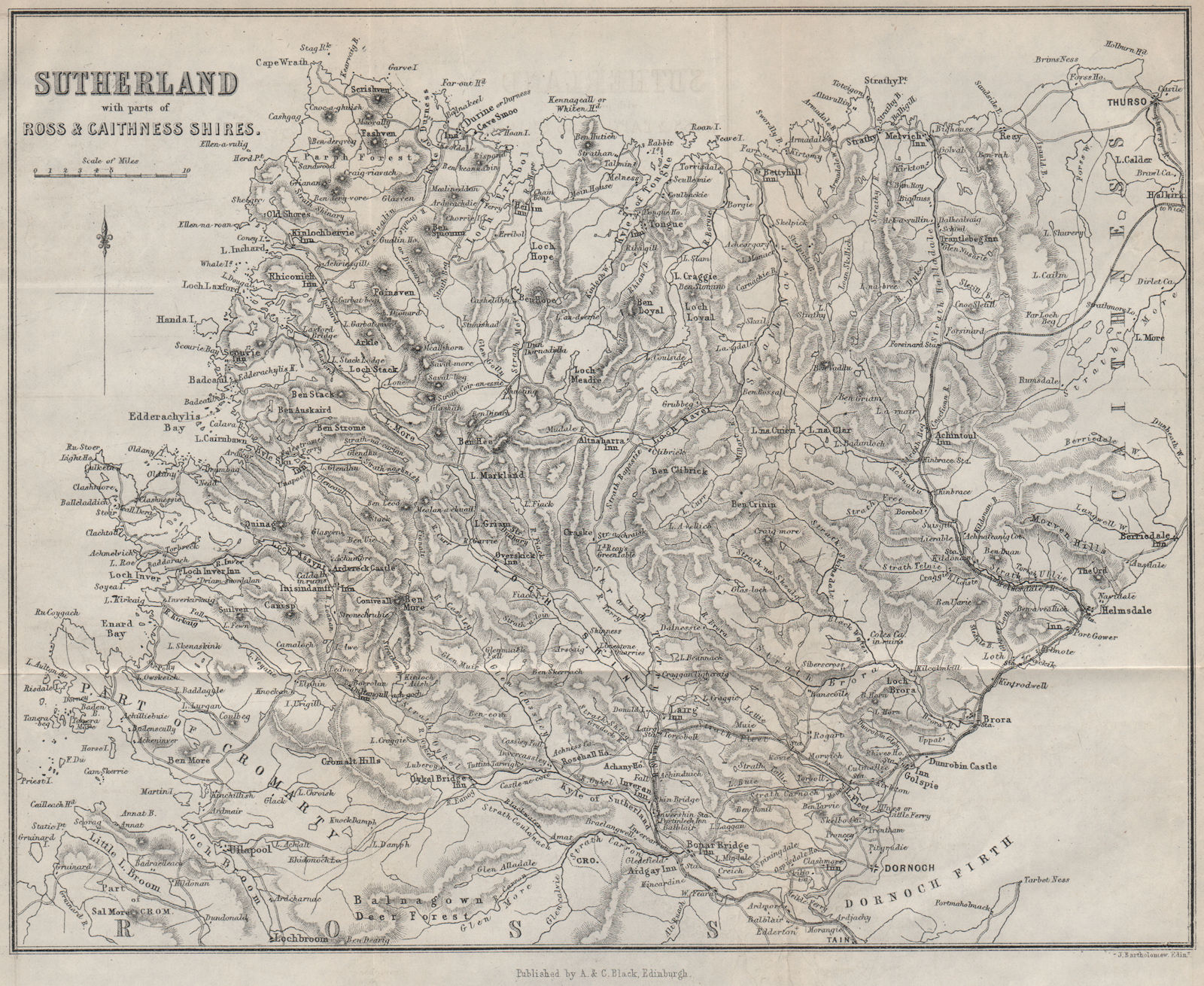 Sutherland, with parts of Ross shire & Caithness shire. Scotland 1886 old map