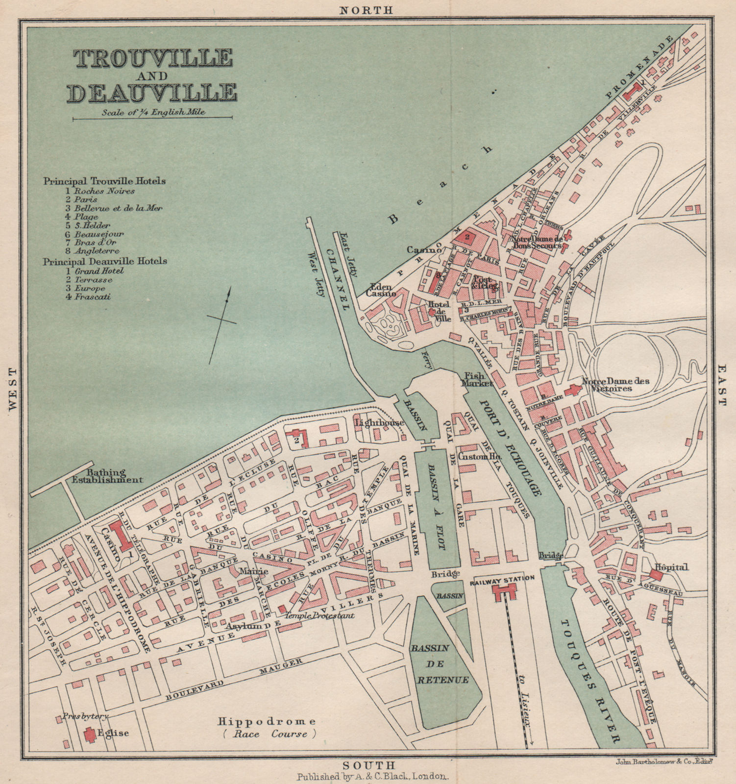 TROUVILLE DEAUVILLE antique town city plan de la ville. Seine-Maritime 1913 map