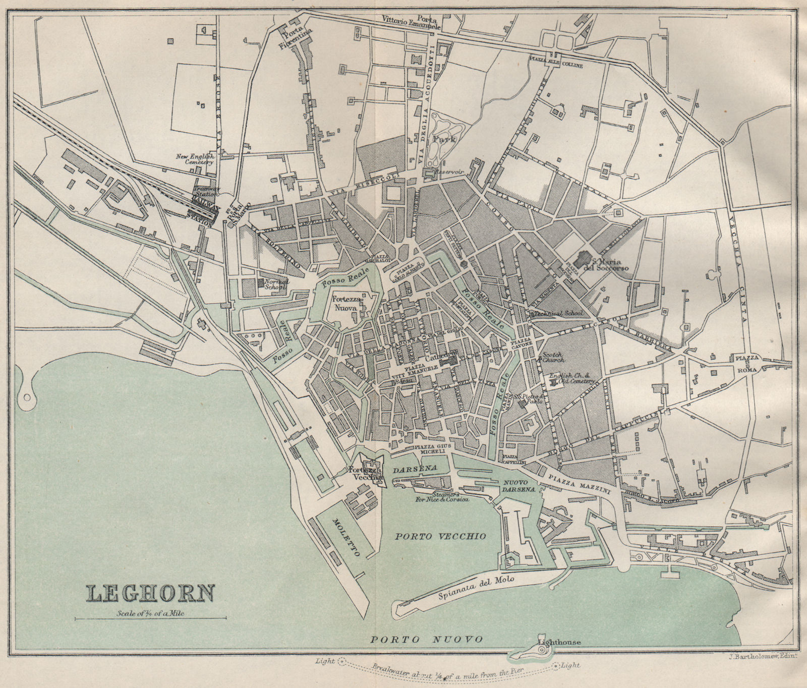 LEGHORN LIVORNO antique town city plan mappa della città. Italy 1890 old