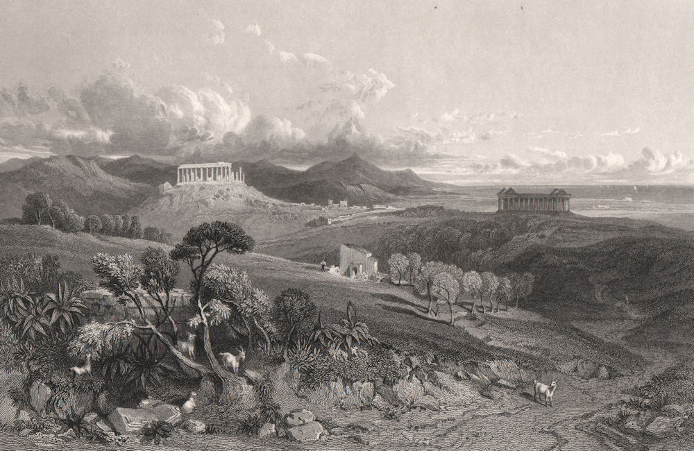 The temples of Juno Lucina, and Concord, at Agrigento, Italy 1840 old print