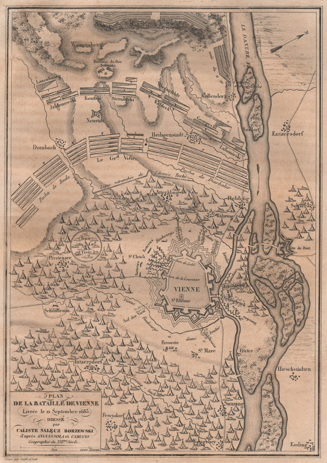 Plan of the Battle of Vienna, 1683. Wien. BORZEWSKI/CAMUCIO/ANGUISSOLA 1836 map