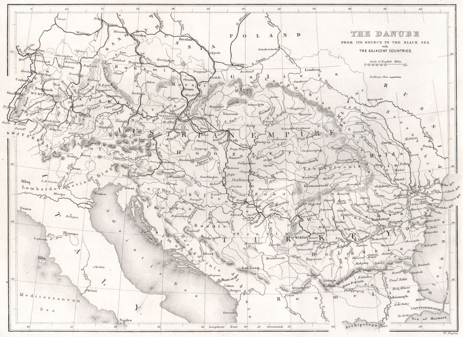 'The Danube, from its source to the Black Sea'. Balkans Austria. Donau 1840 map
