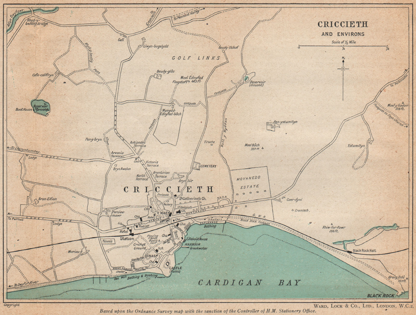 CRICCIETH AND ENVIRONS vintage town/city plan. Wales. WARD LOCK 1948 old map