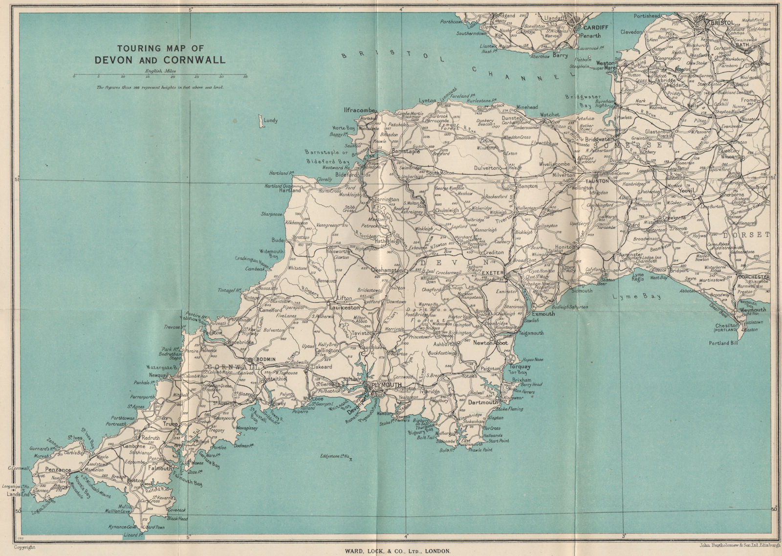 Map Of Devon And Cornwall Touring Map Of Devon And Cornwall. South West England. Ward Lock 1946 Old
