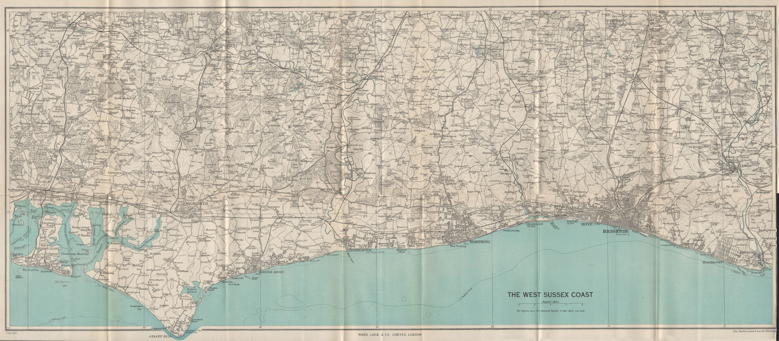 WEST SUSSEX COAST South Downs Brighton Worthing Bognor Regis Chichester 1950 map