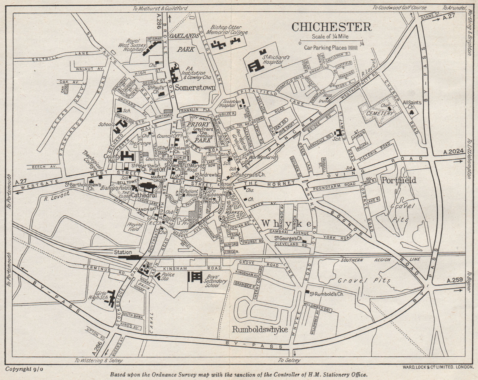 CHICHESTER vintage town/city plan. Sussex. WARD LOCK 1950 old vintage map