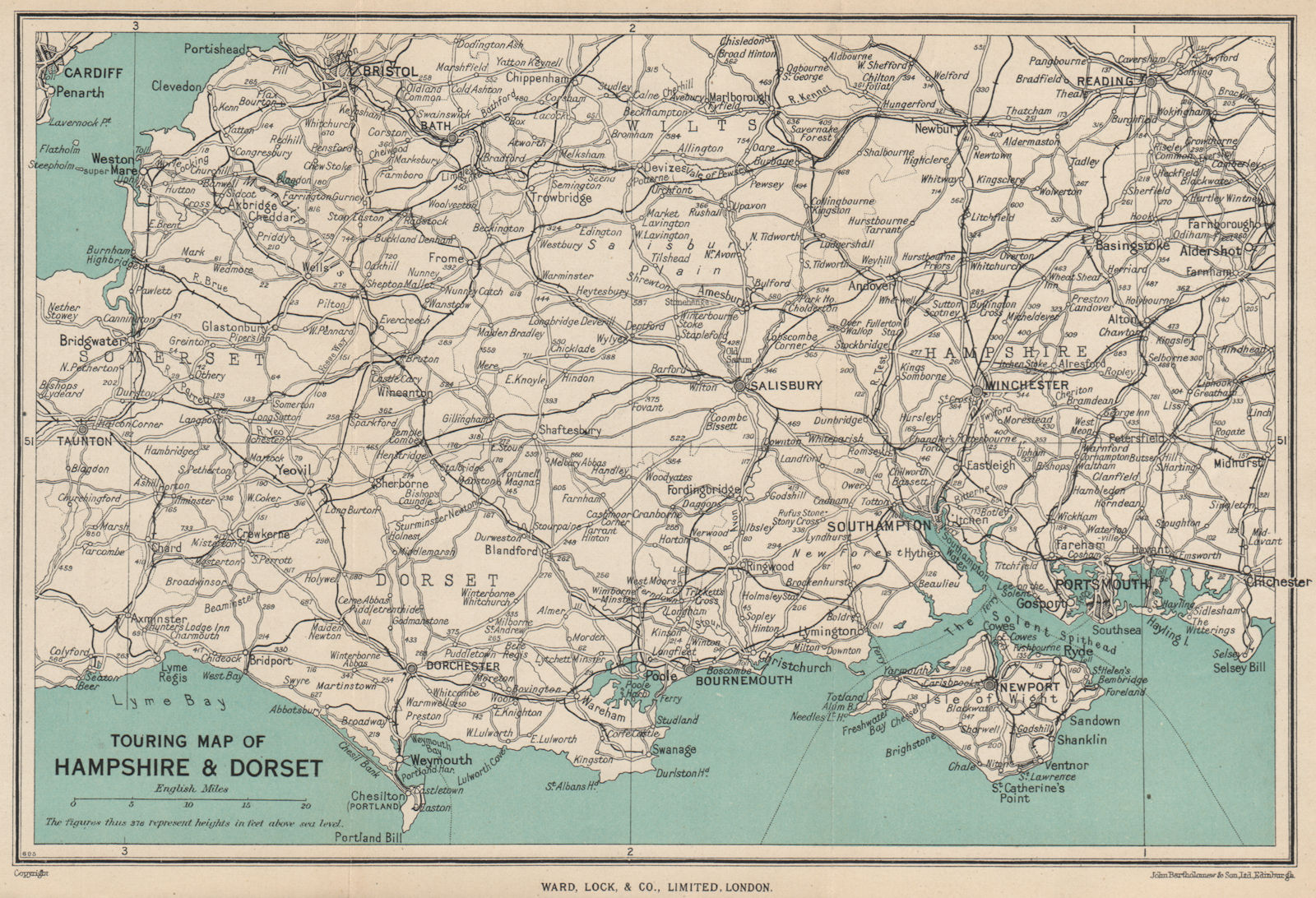 TOURING MAP OF HAMPSHIRE & DORSET. Wiltshire Somerset. WARD LOCK 1952 old