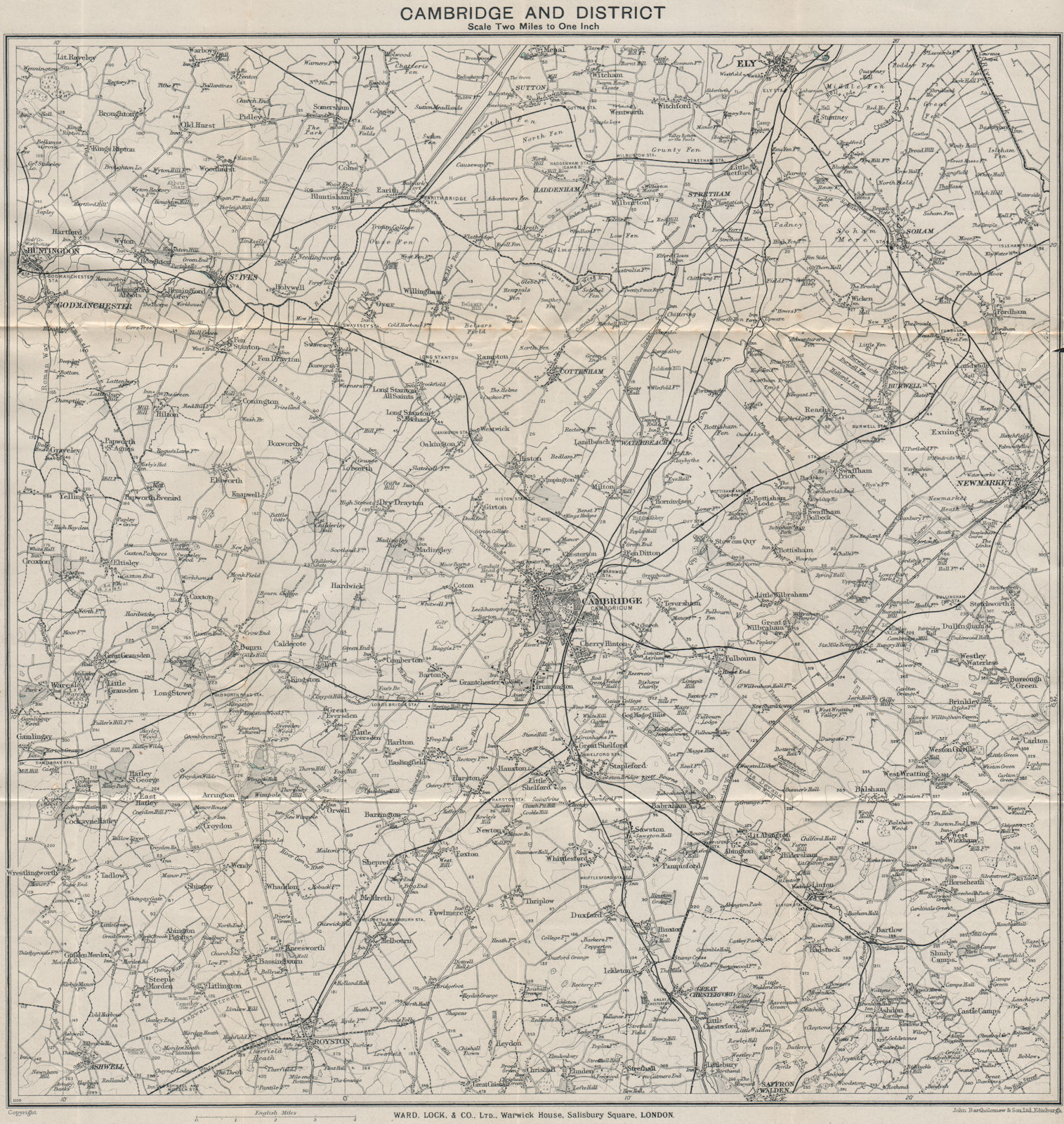 CAMBRIDGE environs. Ely Huntingdon Royston Saffron Walden Newmarket 1928 map