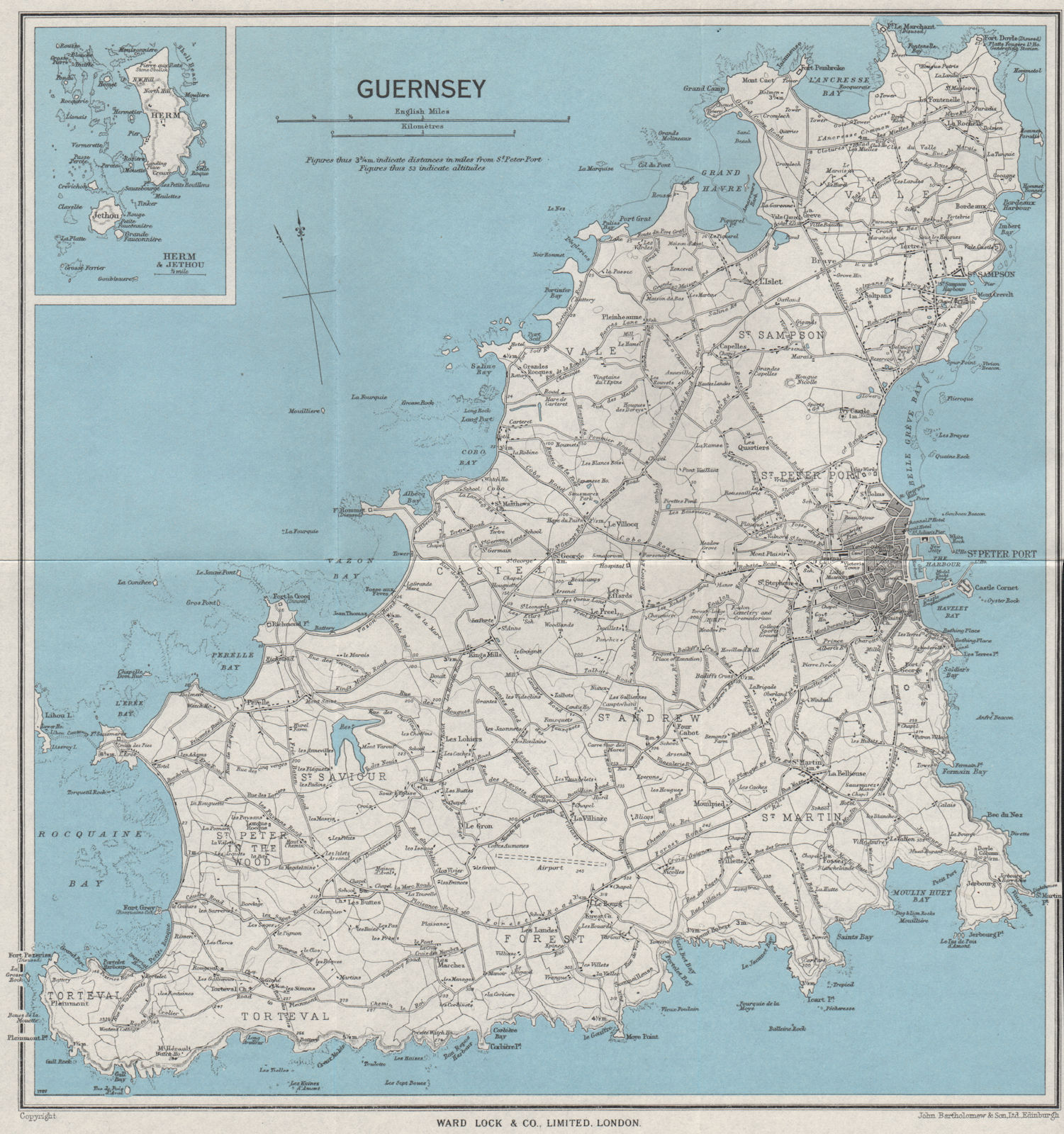 Associate Product GUERNSEY inset Herm & Jethou. St Peter Port. Channel Islands. WARD LOCK 1954 map
