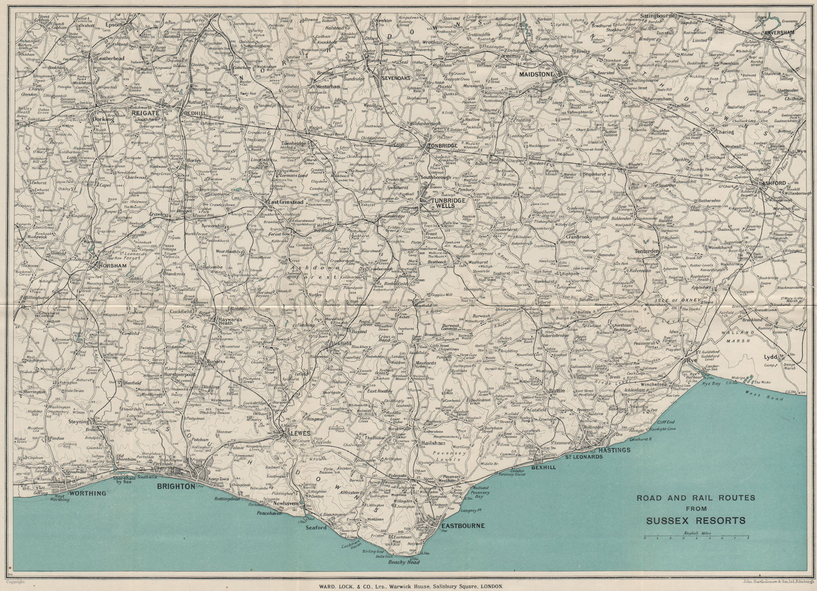 E. SUSSEX/SOUTH DOWNS. Tunbridge Wells Eastbourne Brighton Hastings Rye 1933 map