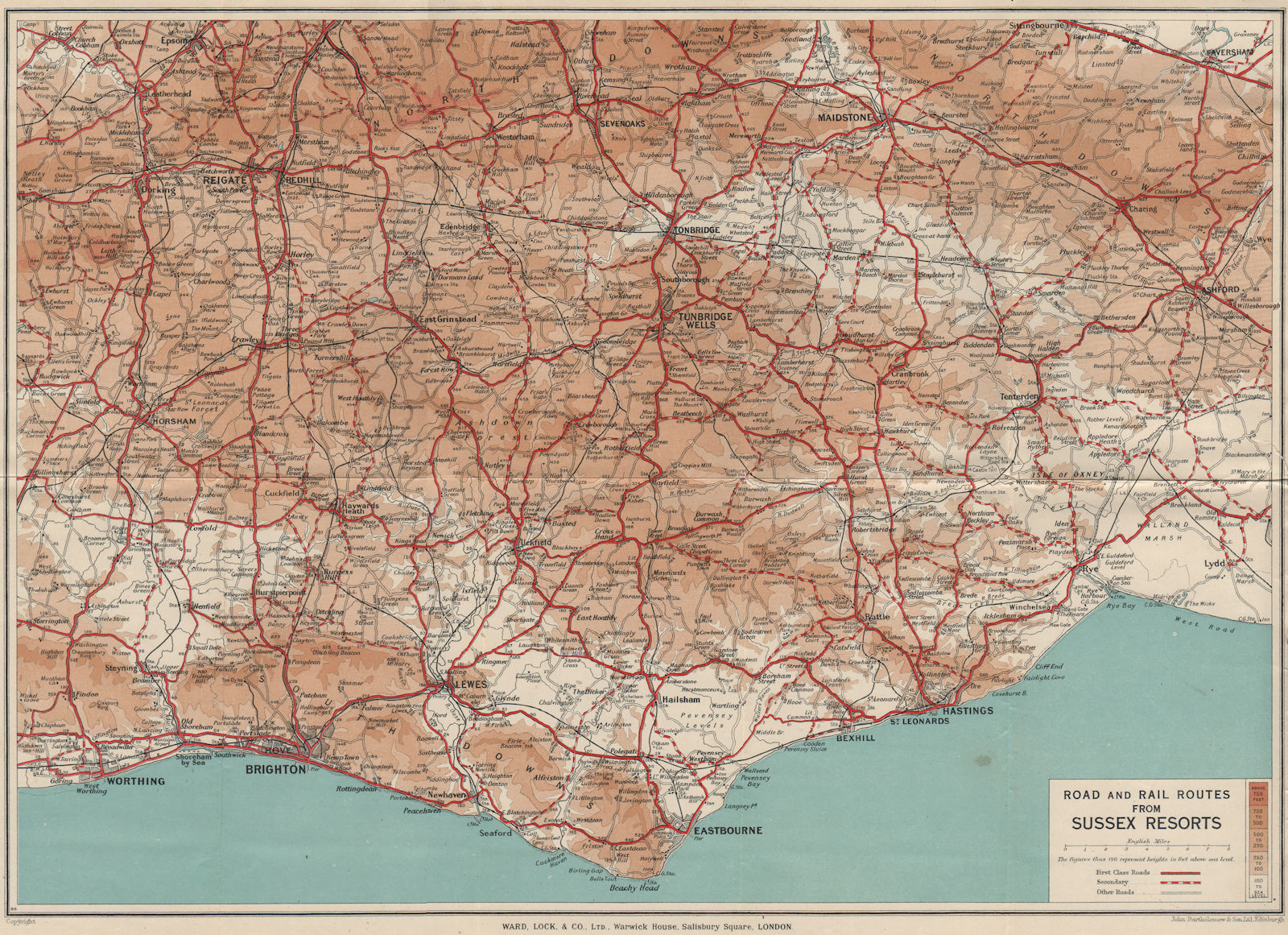 E. SUSSEX/SOUTH DOWNS. Tunbridge Wells Eastbourne Brighton Hastings Rye 1939 map